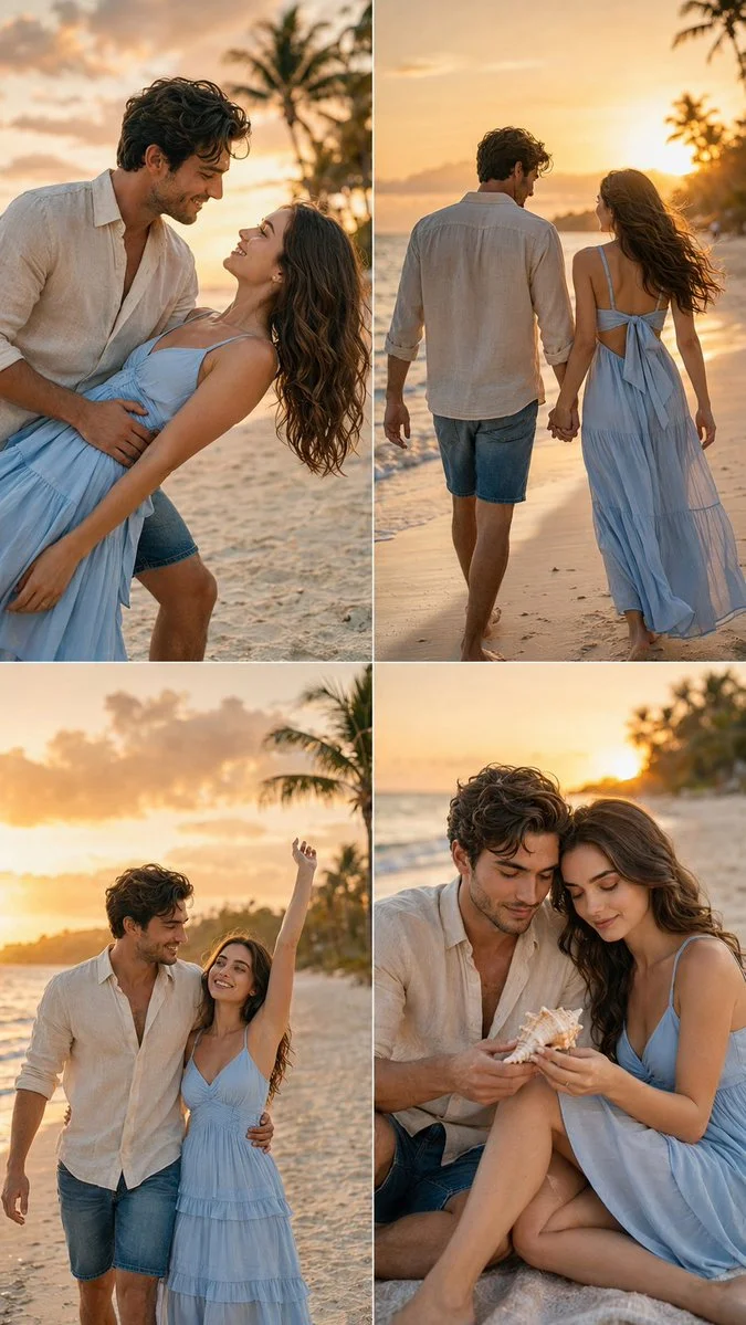 A romantic beach couple collage glows in golden sunset light