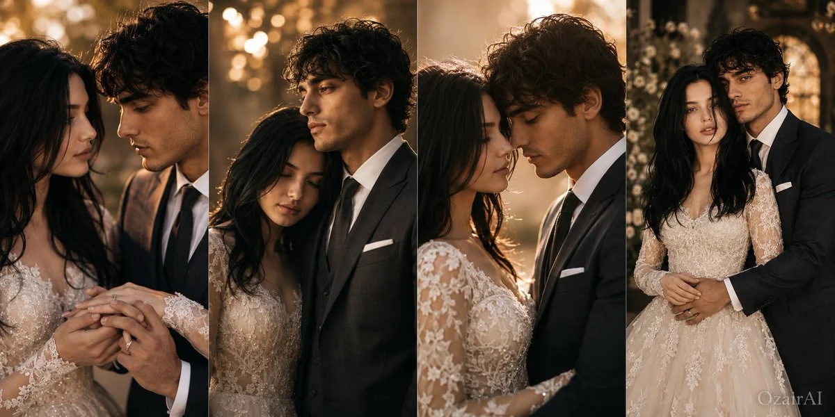 A romantic couple shares a tender moment in golden light