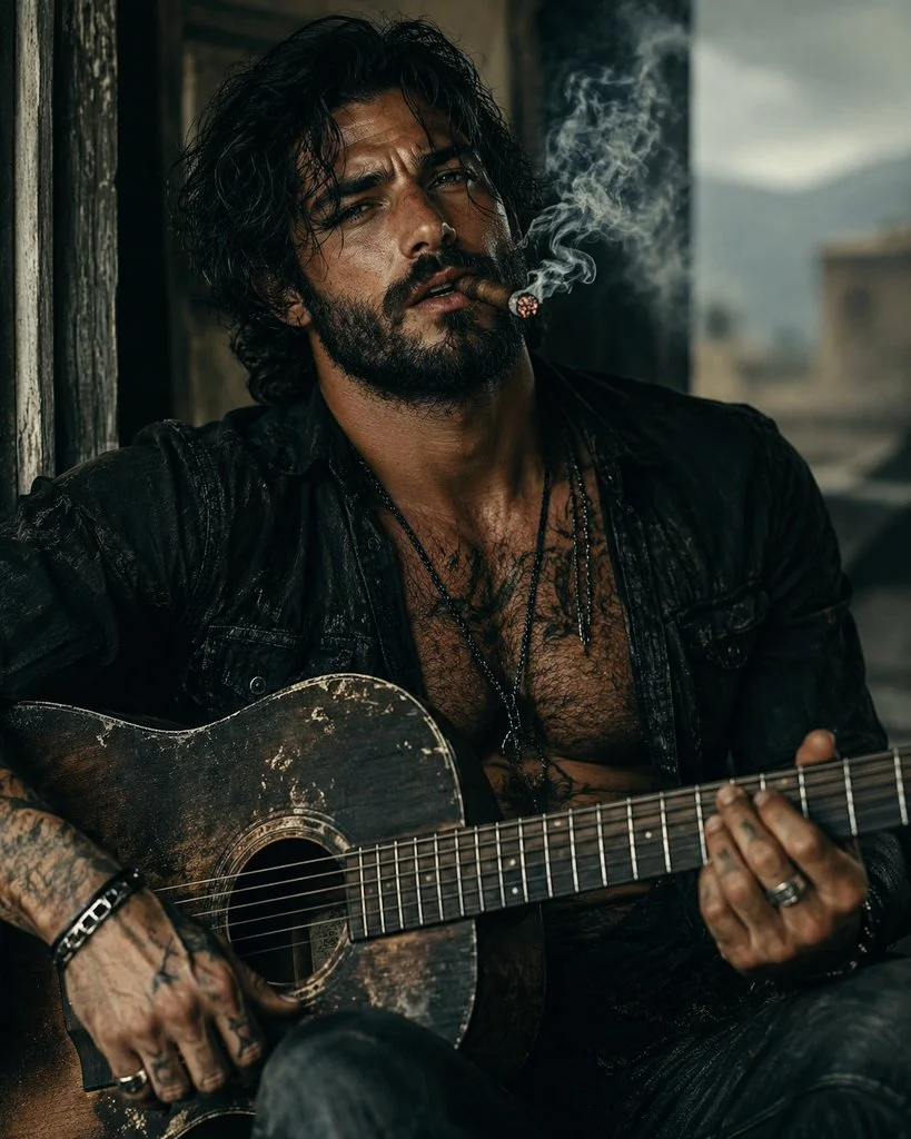 A rugged guitarist smokes by a flickering neon motel sign