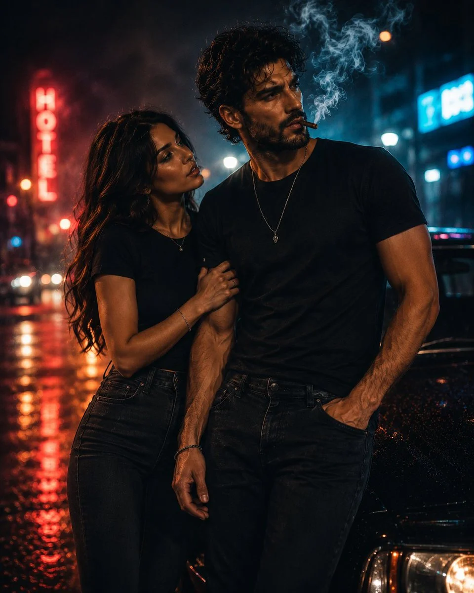 A rugged man and his lover share a smoky night by a car