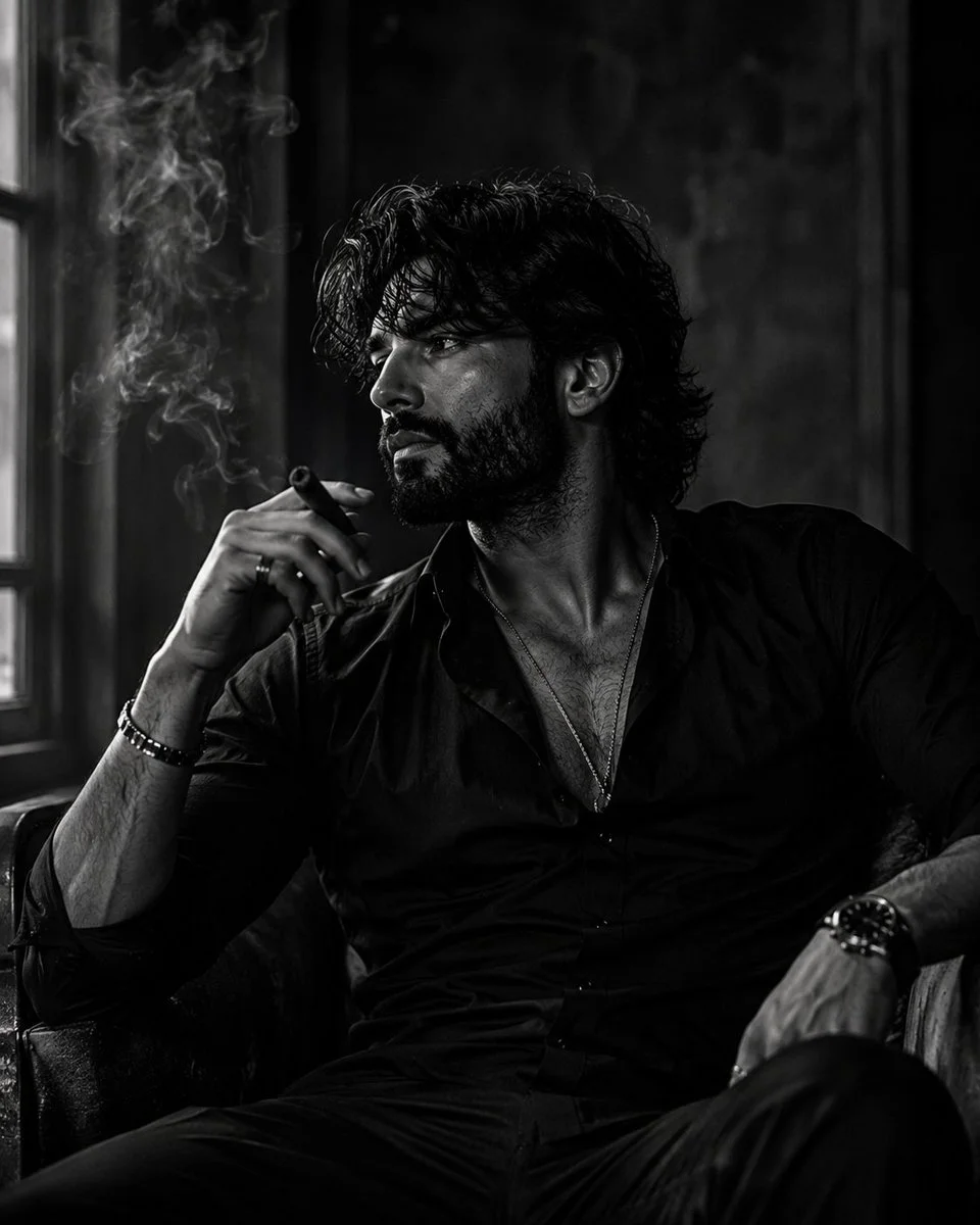 A rugged man in a black shirt dominates a noir room.
