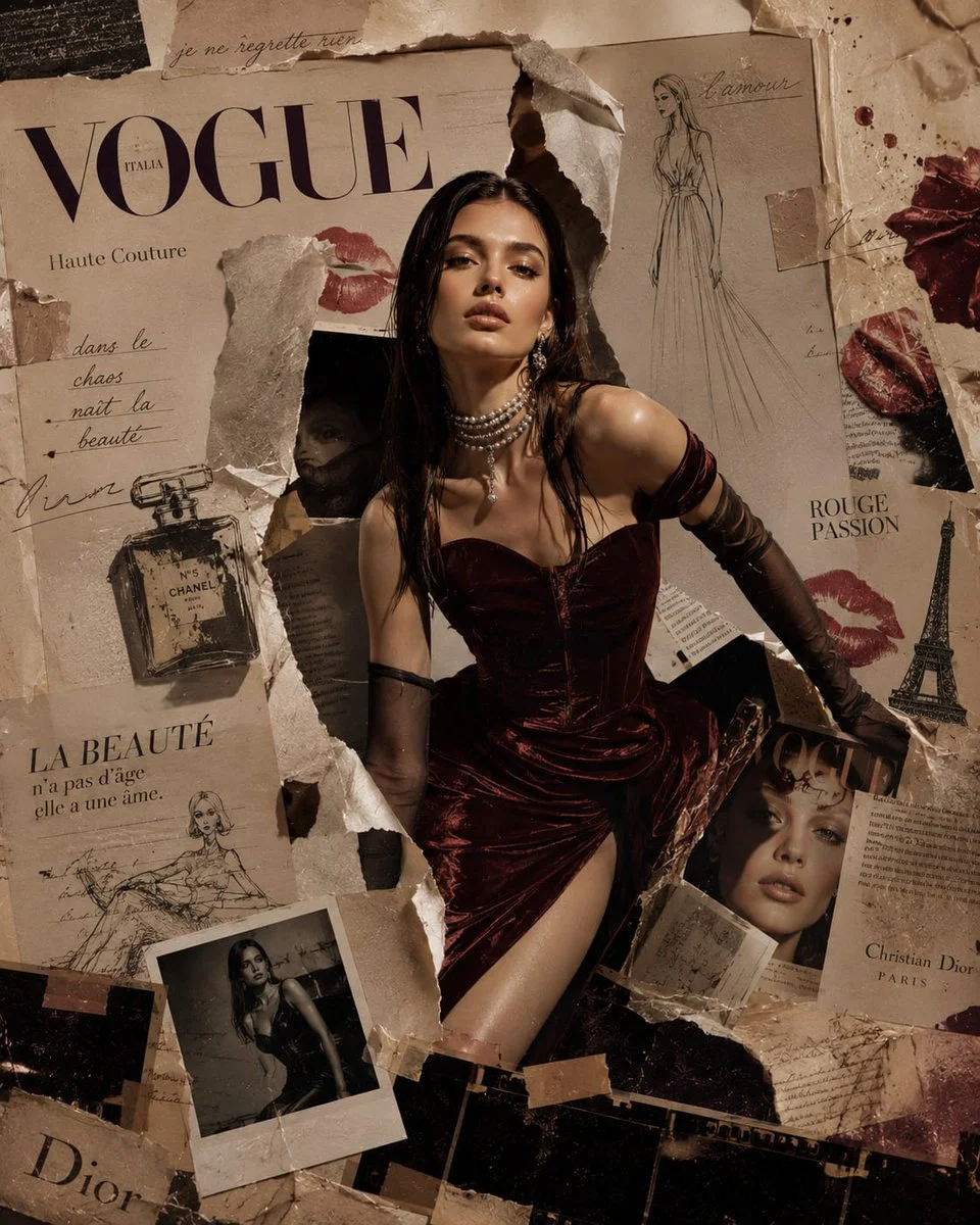 A runway muse emerges from torn vintage magazine pages