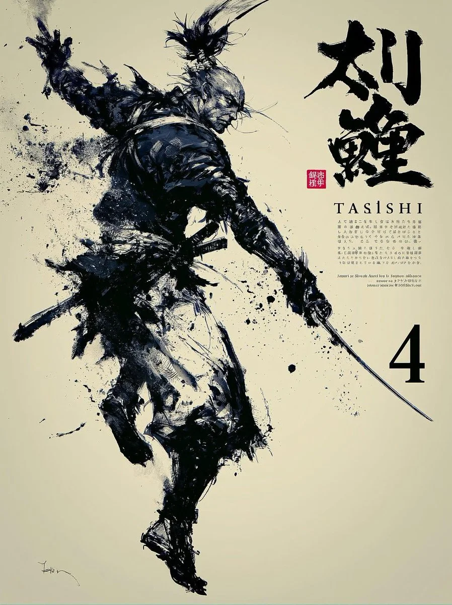 A samurai warrior in ink brush style stands poised with katana
