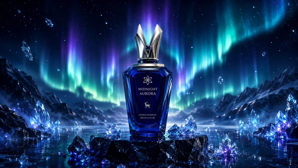 A sapphire perfume bottle glows beneath vibrant Northern Lights.