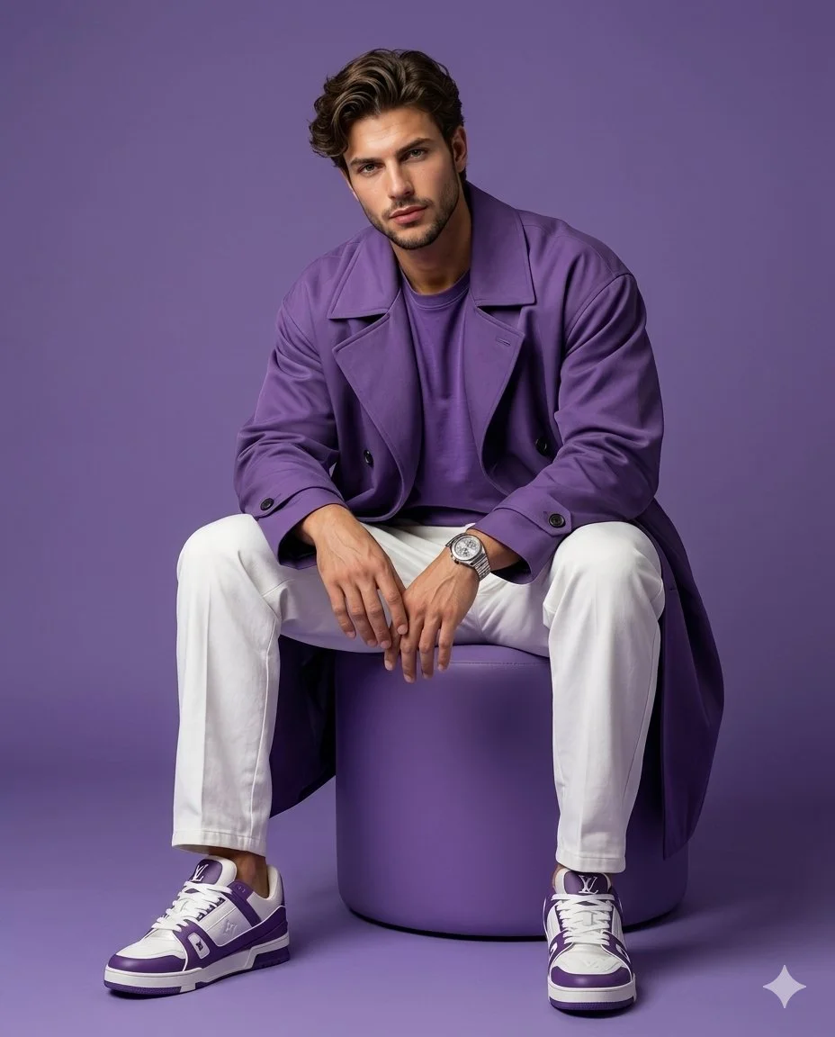 A seated model in purple trench coat gazes confidently at camera