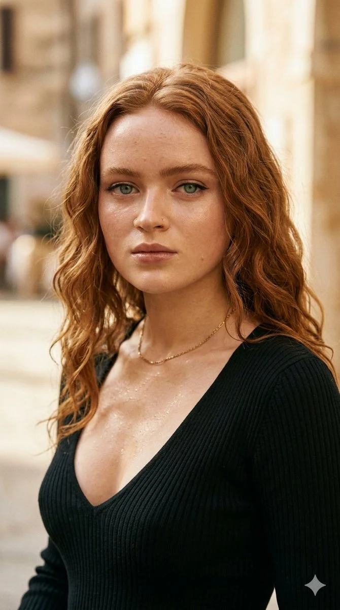 A seductive gaze with glistening skin and soft natural light