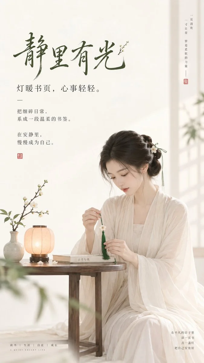 A serene ancient woman adjusts a green bookmark ribbon on a small table