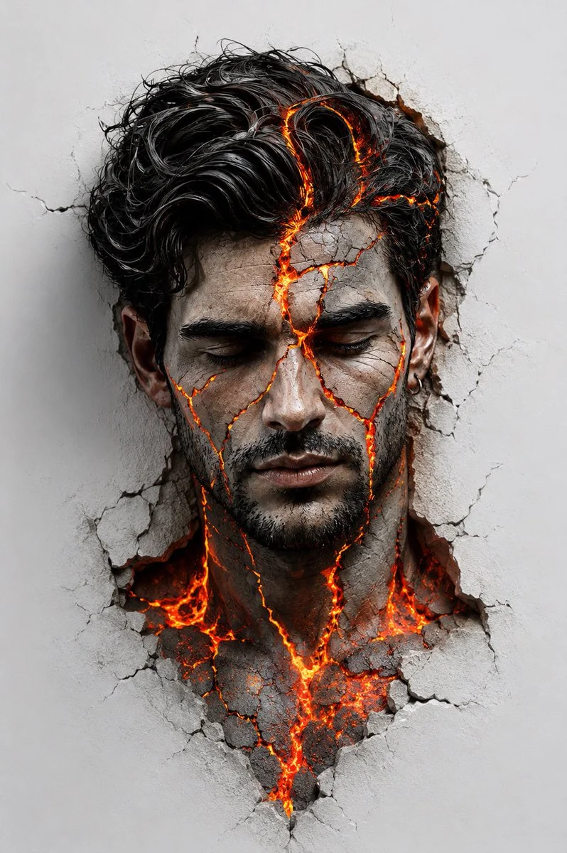 A serene face emerges from white wall with volcanic cracks