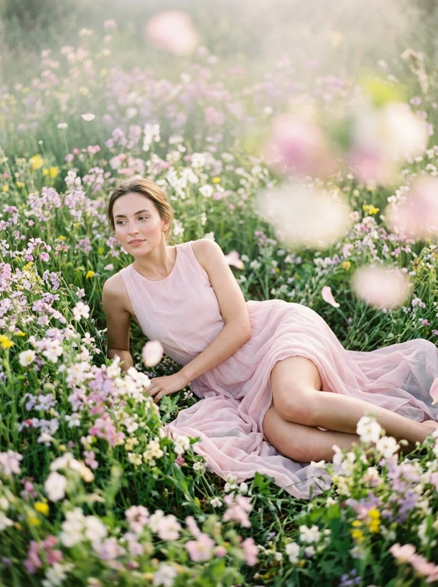 A serene girl reclines among dreamlike spring flowers in soft morning light.
