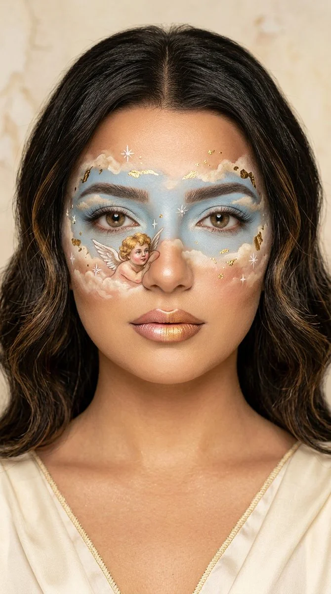 A serene model wears a hand-painted Renaissance cherub across her cheek