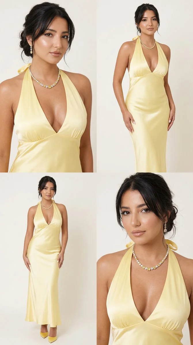 A serene model wears a luminous butter-yellow satin halter dress.