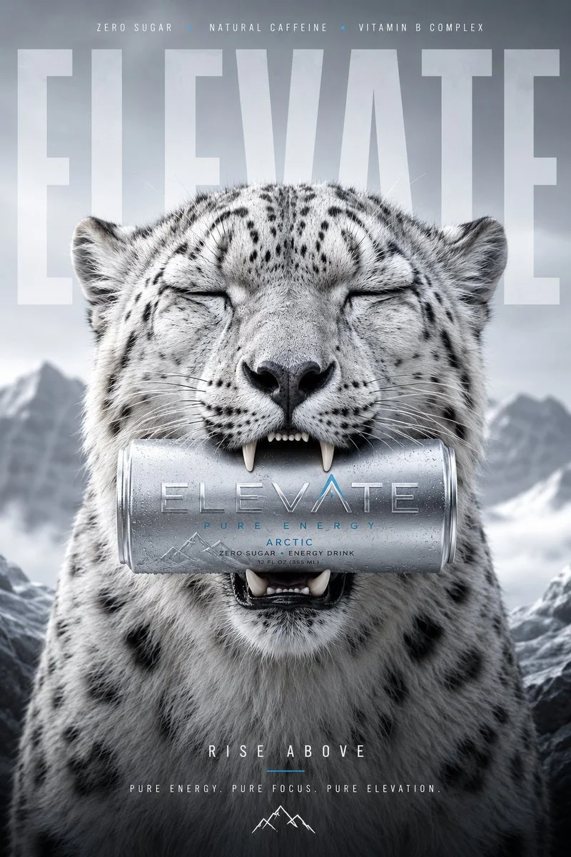 A serene snow leopard holds a sleek silver energy drink can.