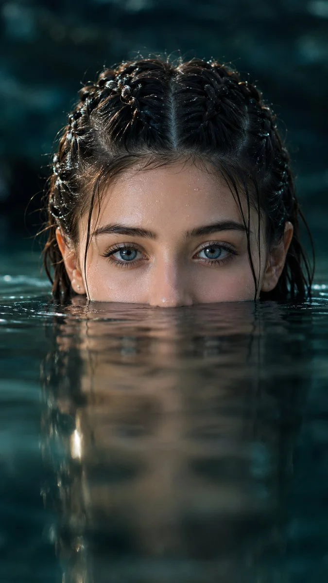 A serene woman emerges from dark teal water with braided hair