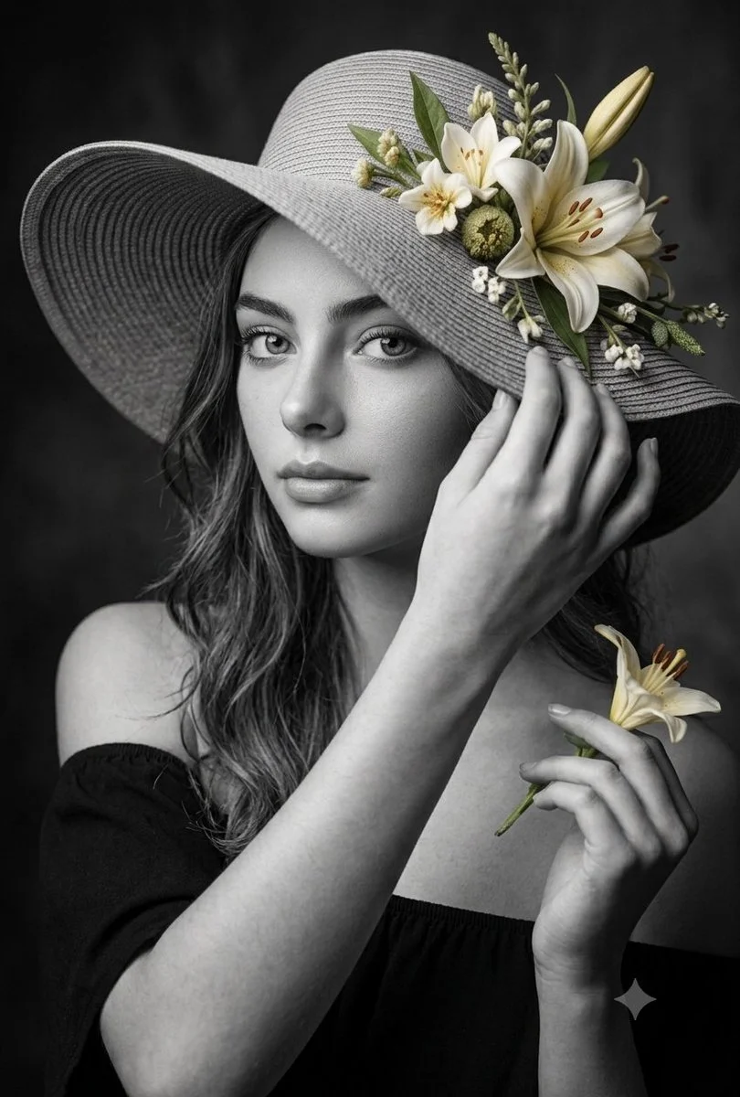 A serene woman in a straw hat holds a lily in black and white