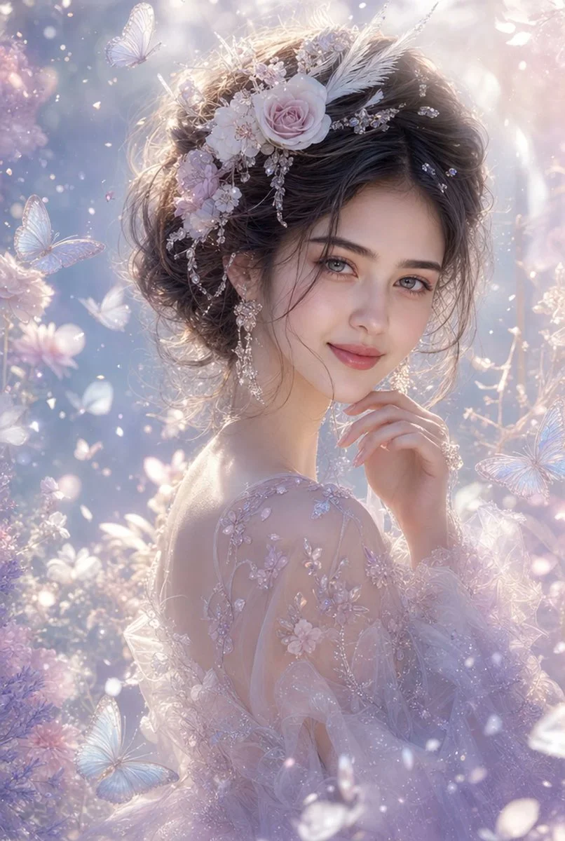A serene woman in an enchanted garden glows with ethereal light