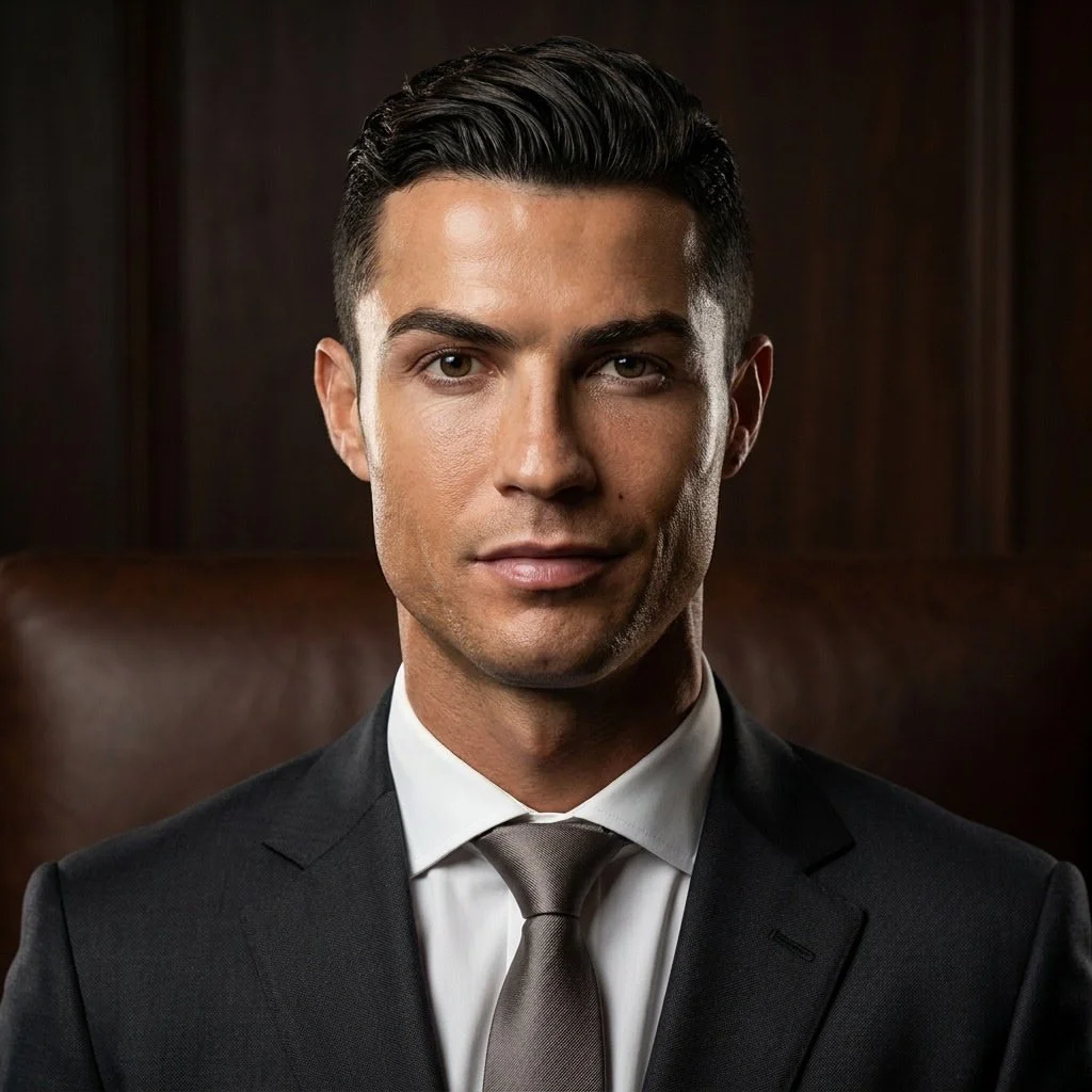 A serious man in a navy suit poses under dramatic studio lights