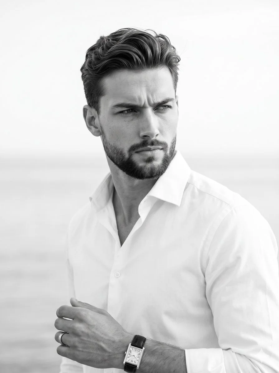 A serious model in white shirt poses against blurred water background