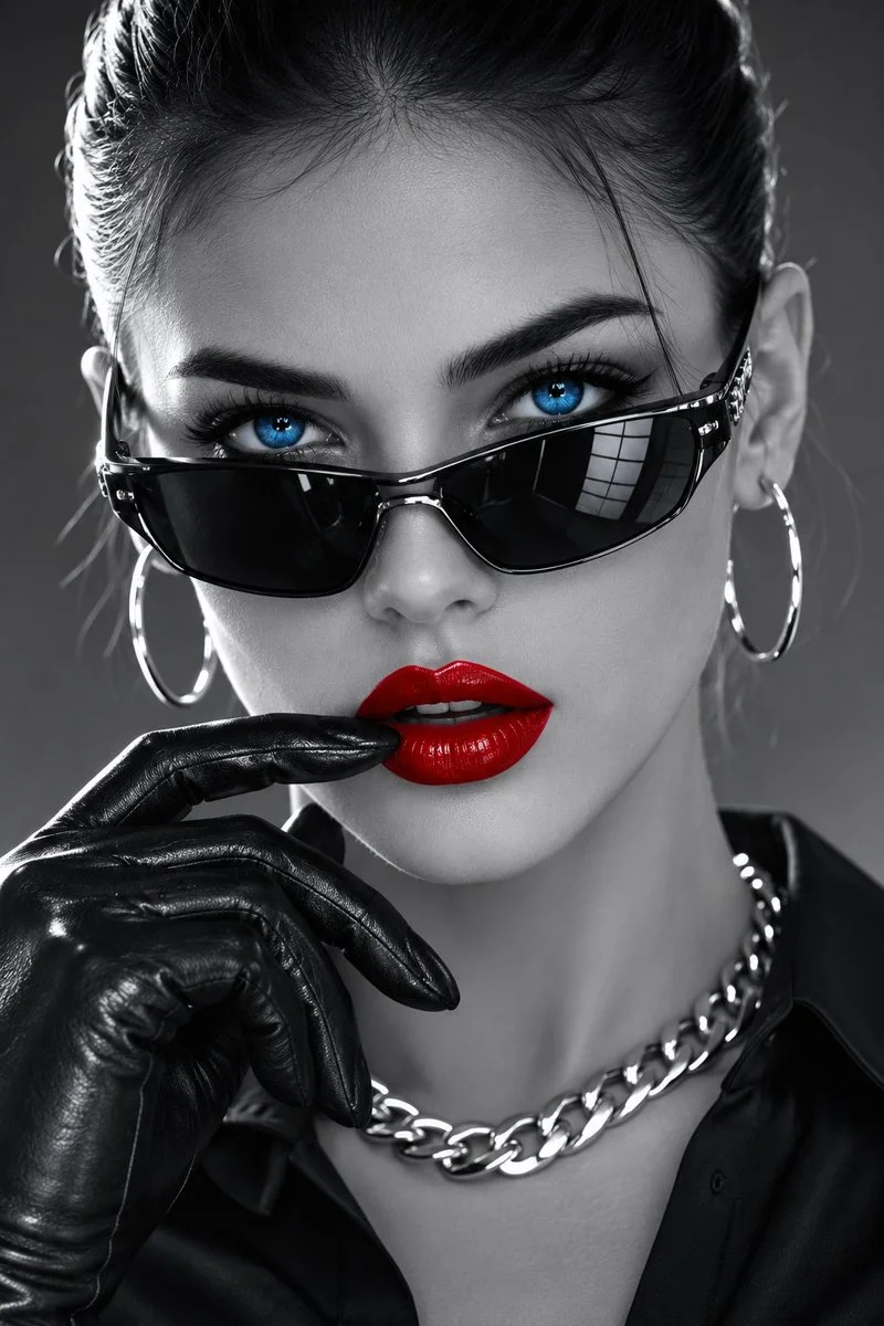A serious woman in sleek bun poses with gloved hand near lips