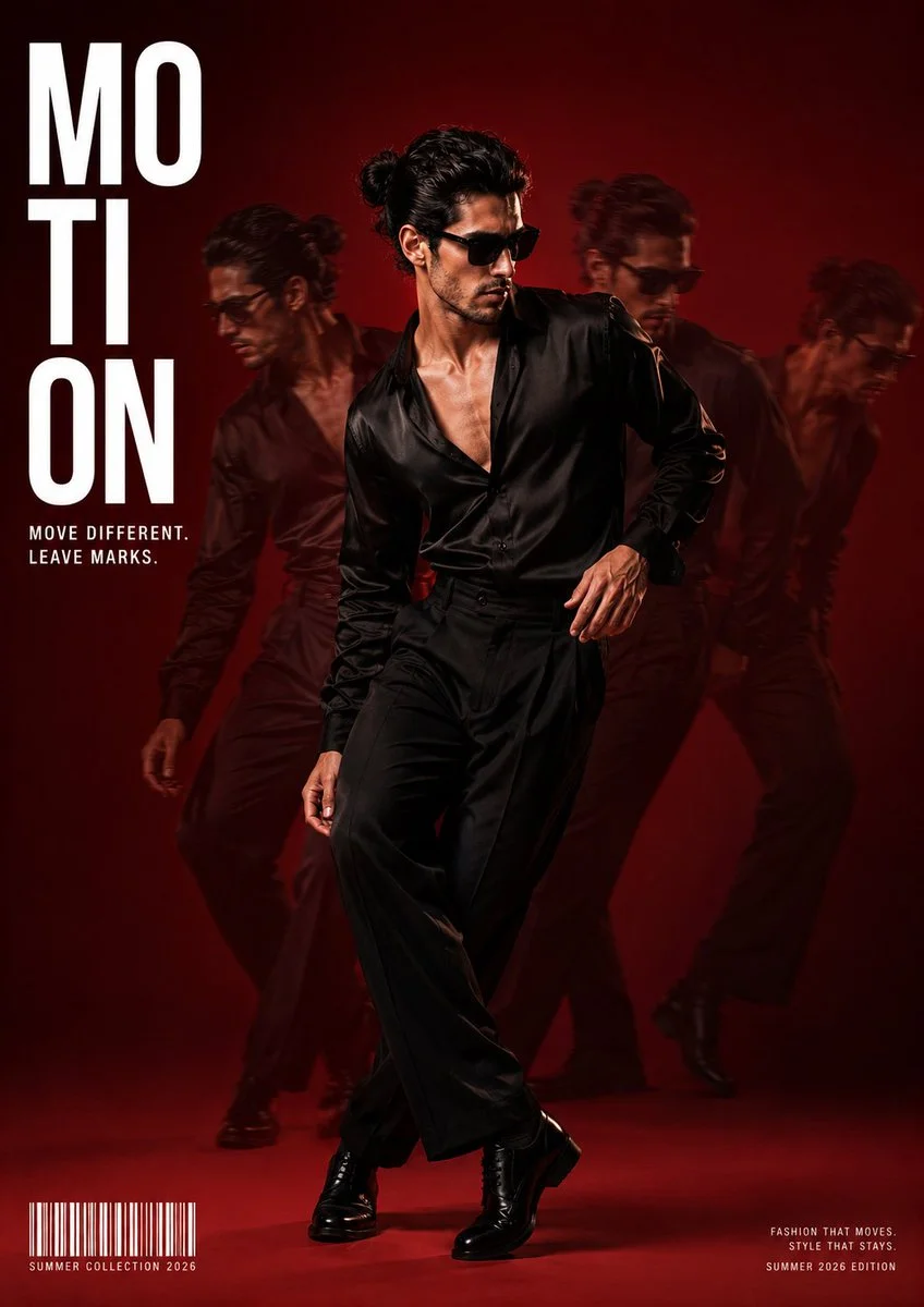 A sharp dancer in black satin moves through crimson studio light