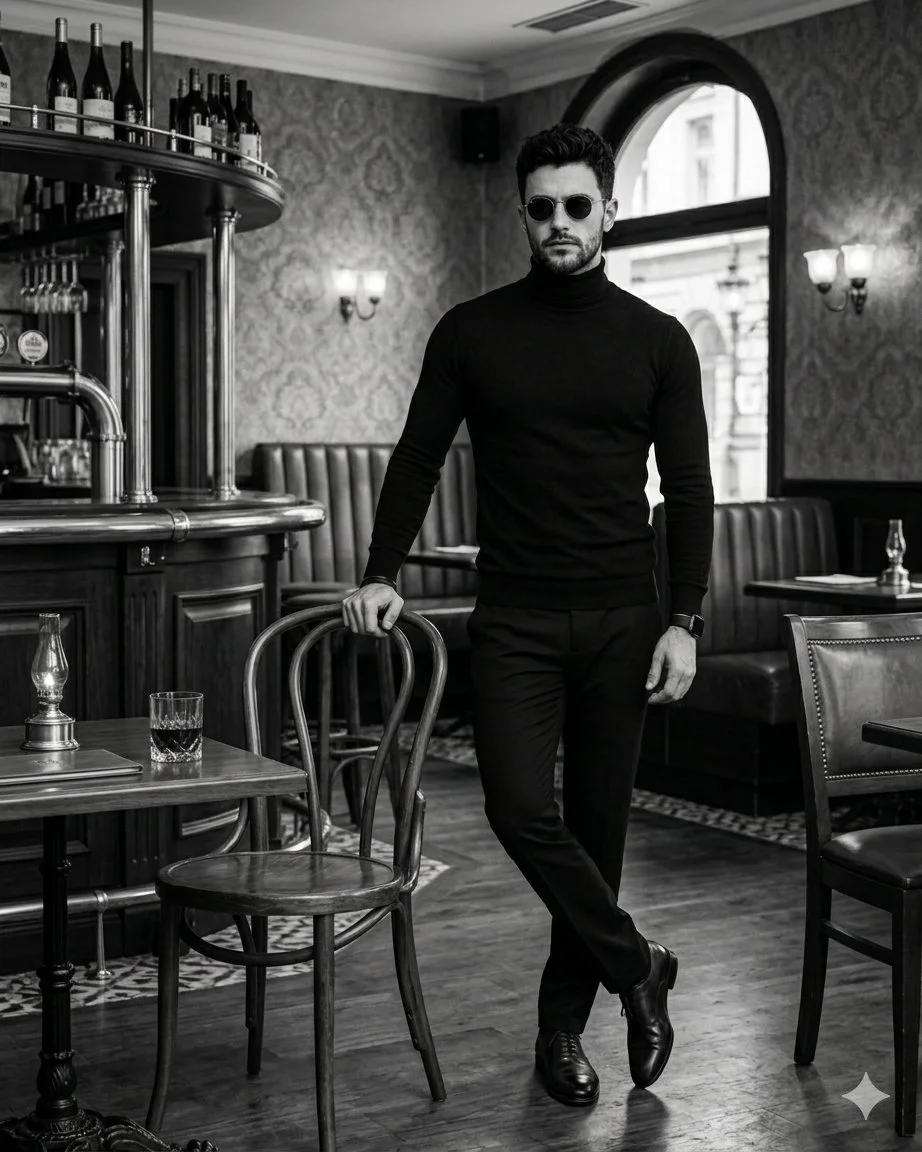 A sharp-dressed man leans in a moody vintage bar with confidence.