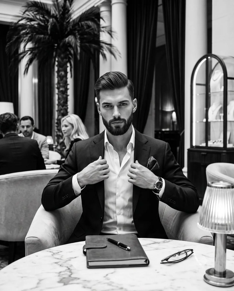 A sharp-suited gentleman adjusts his lapels in a moody lounge