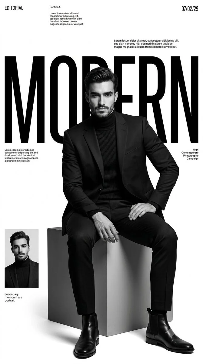 A sharp-suited model sits on a geometric cube in monochrome