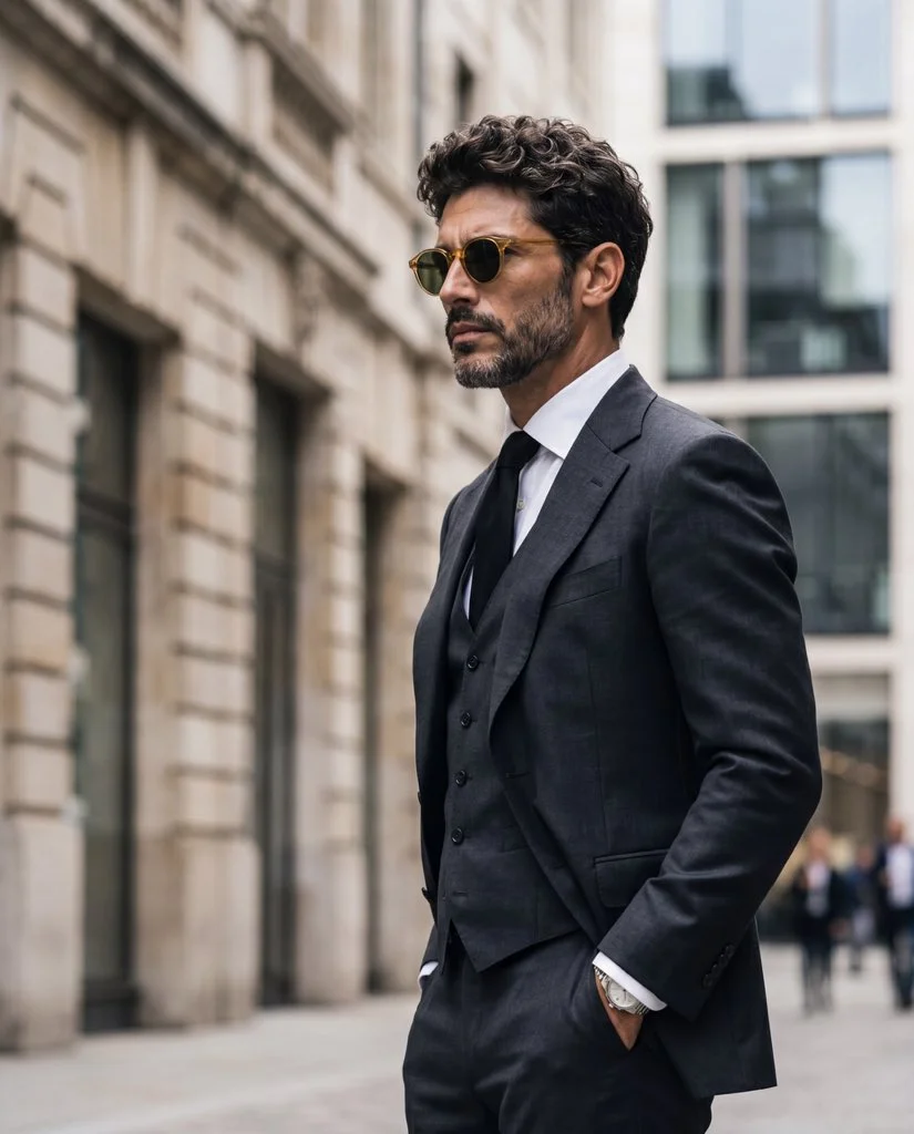 A sharply dressed man stands confidently in soft overcast daylight.
