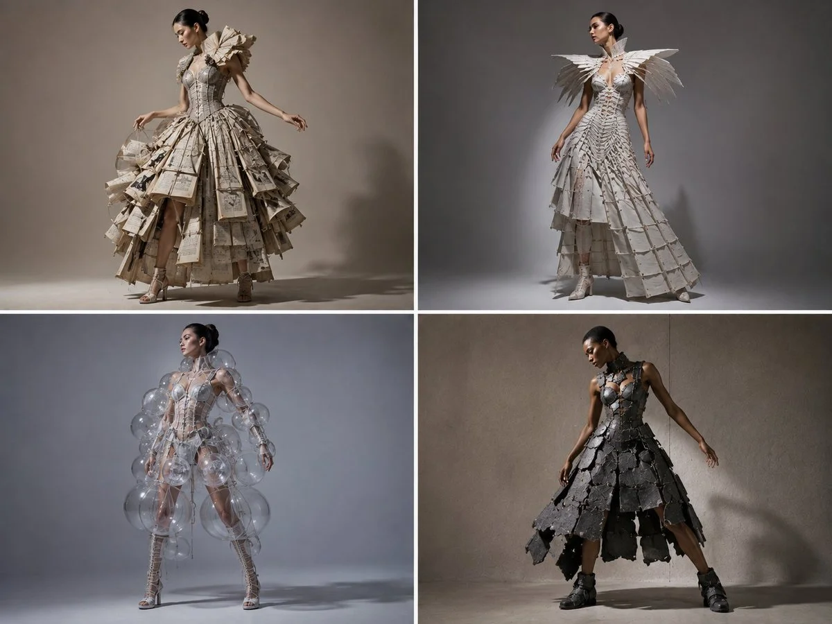A shattered smartphone screen becomes a crystalline gown with visible lacing