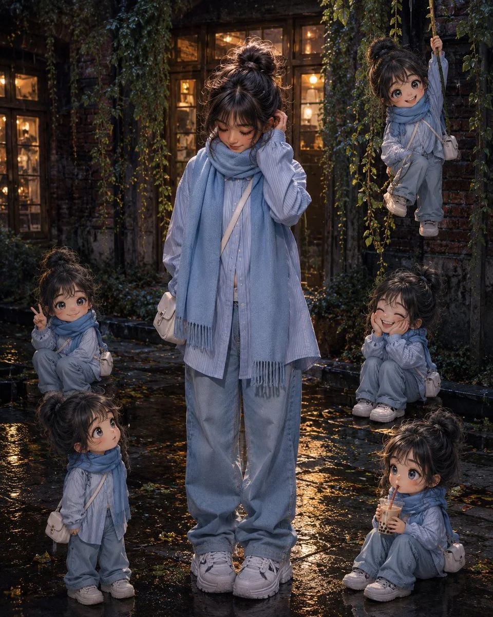 A shy girl stands in rain surrounded by her playful mini selves