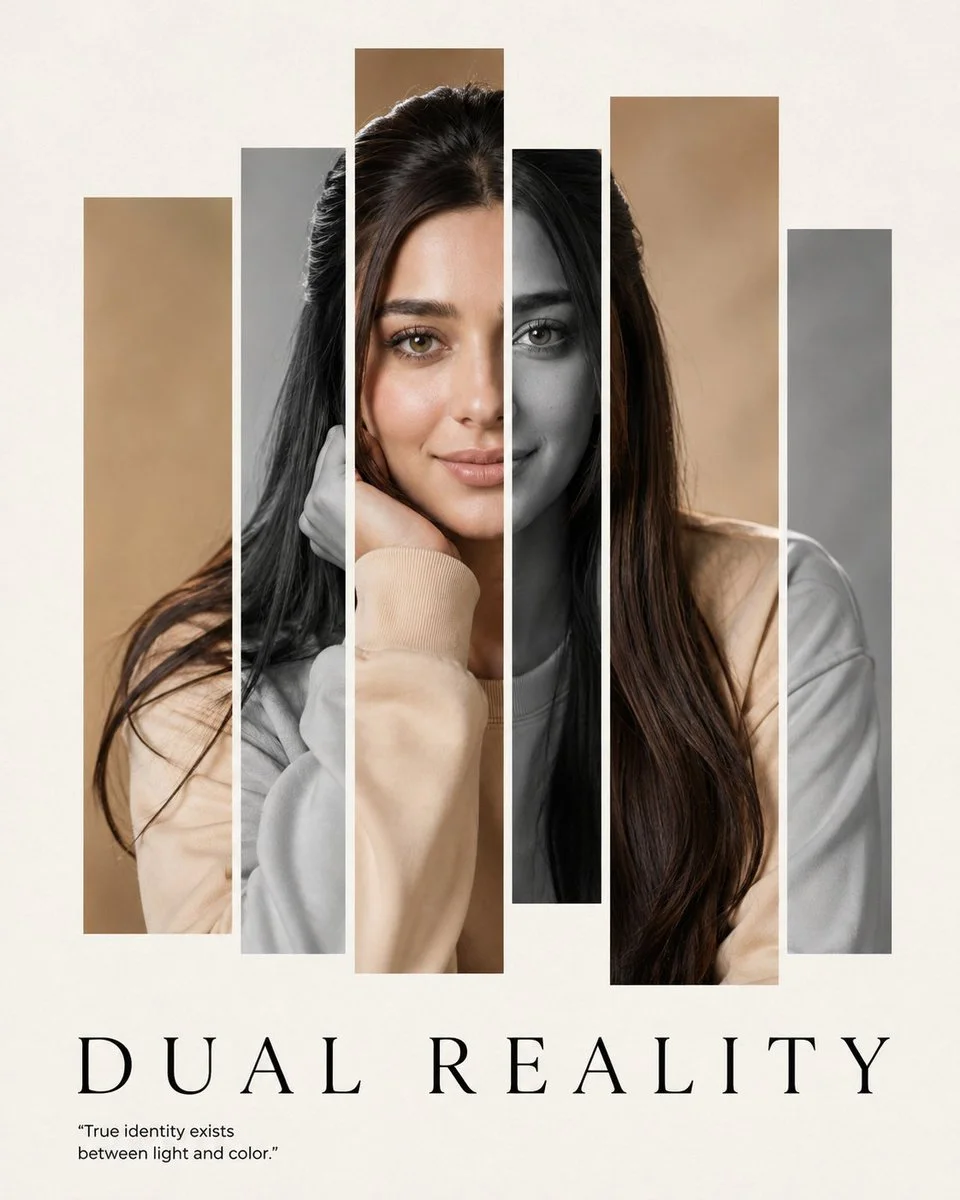 A single face revealed through six alternating color panels