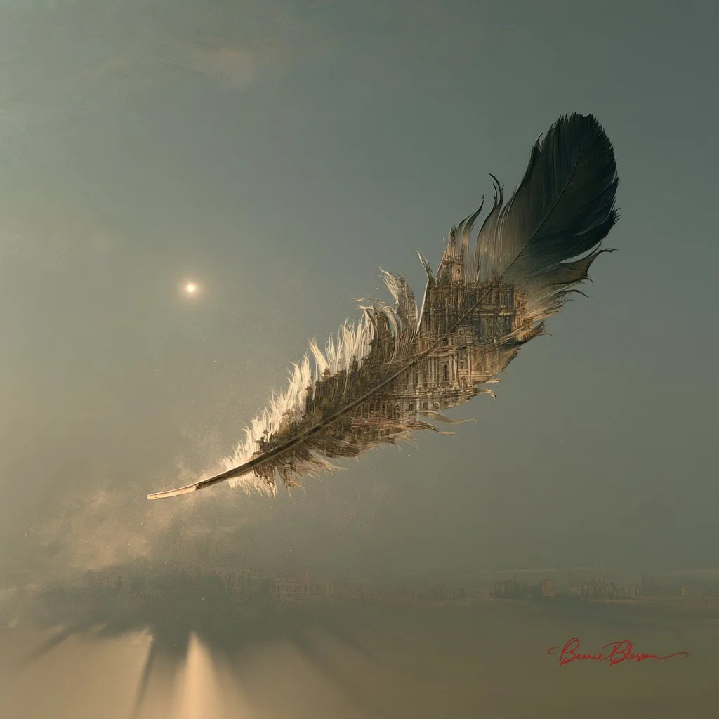 A Single Feather Descends Over a Slate Grey Plain