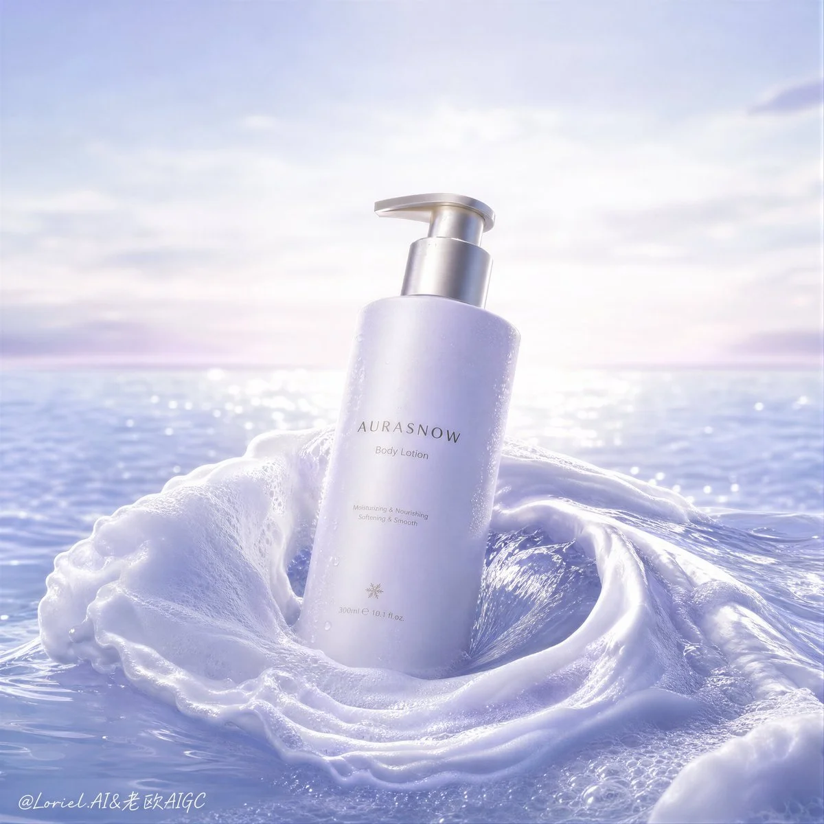 A single pump bottle stands in a ring of creamy frost foam