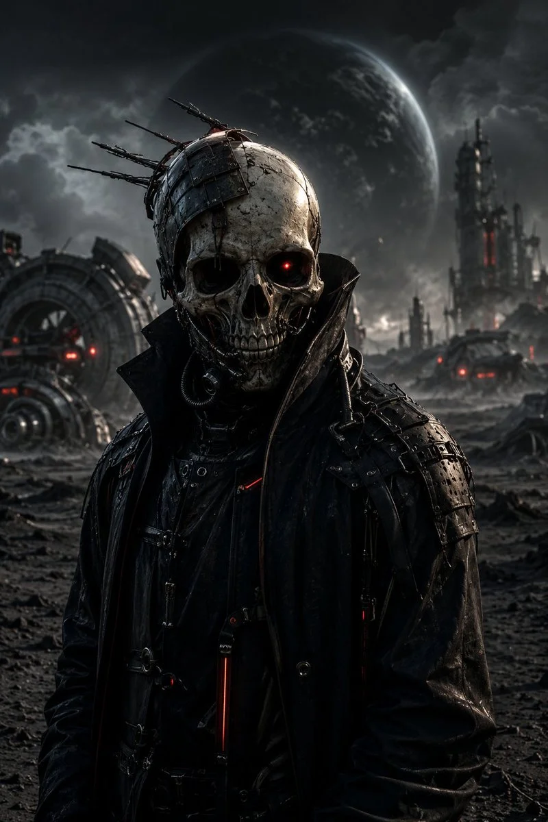 A skeletal wanderer in a futuristic desert under a giant moon