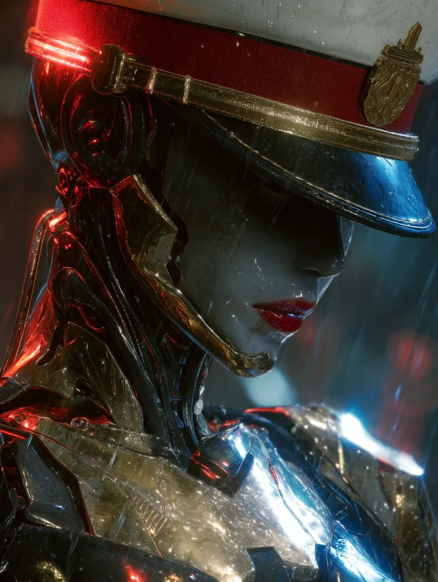 A sleek android officer in gleaming armor stands illuminated by dual lights
