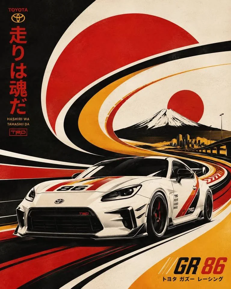 A sleek retro-futuristic race car speeds along flowing curves