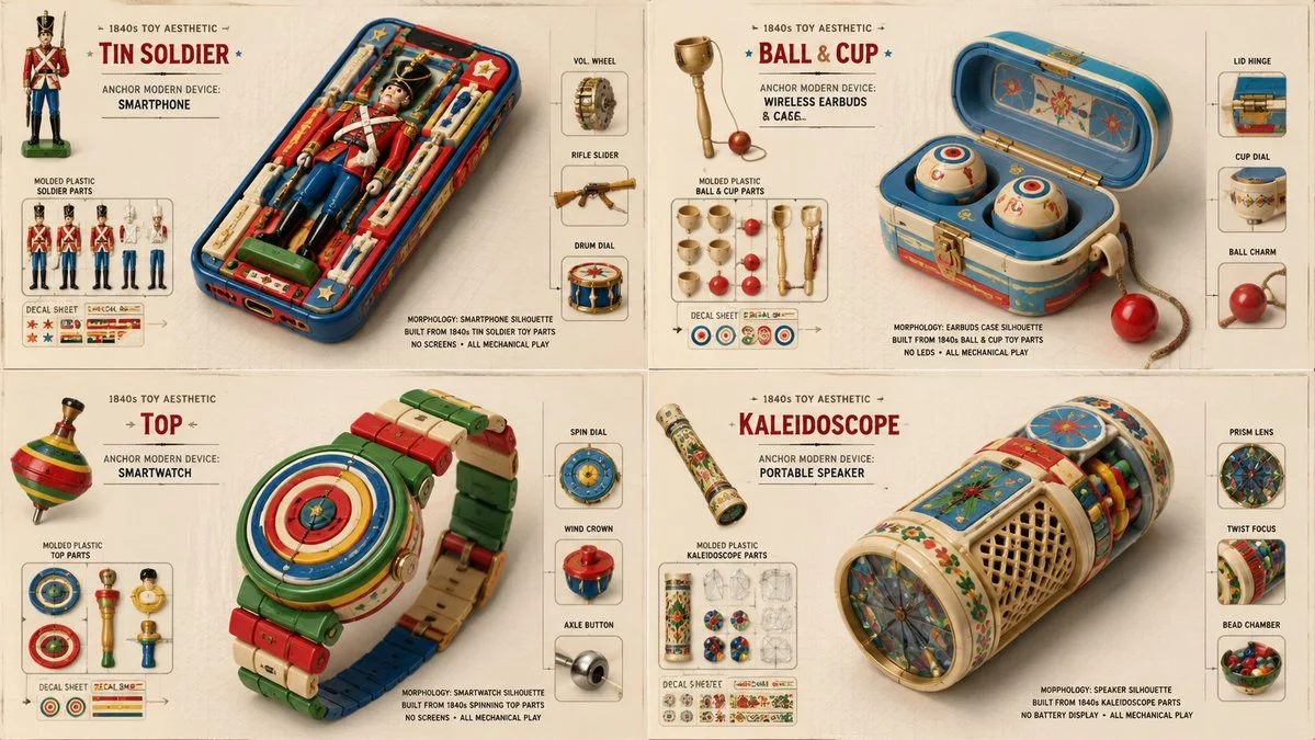 A smart speaker reimagined as a Victorian-era wooden toy