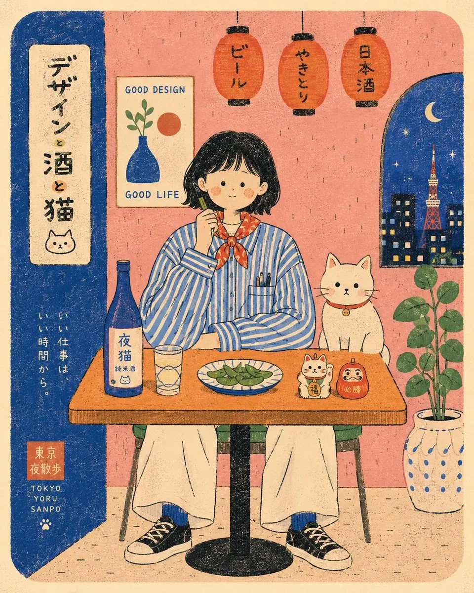 A smiling café owner and a cat enjoy tea at night