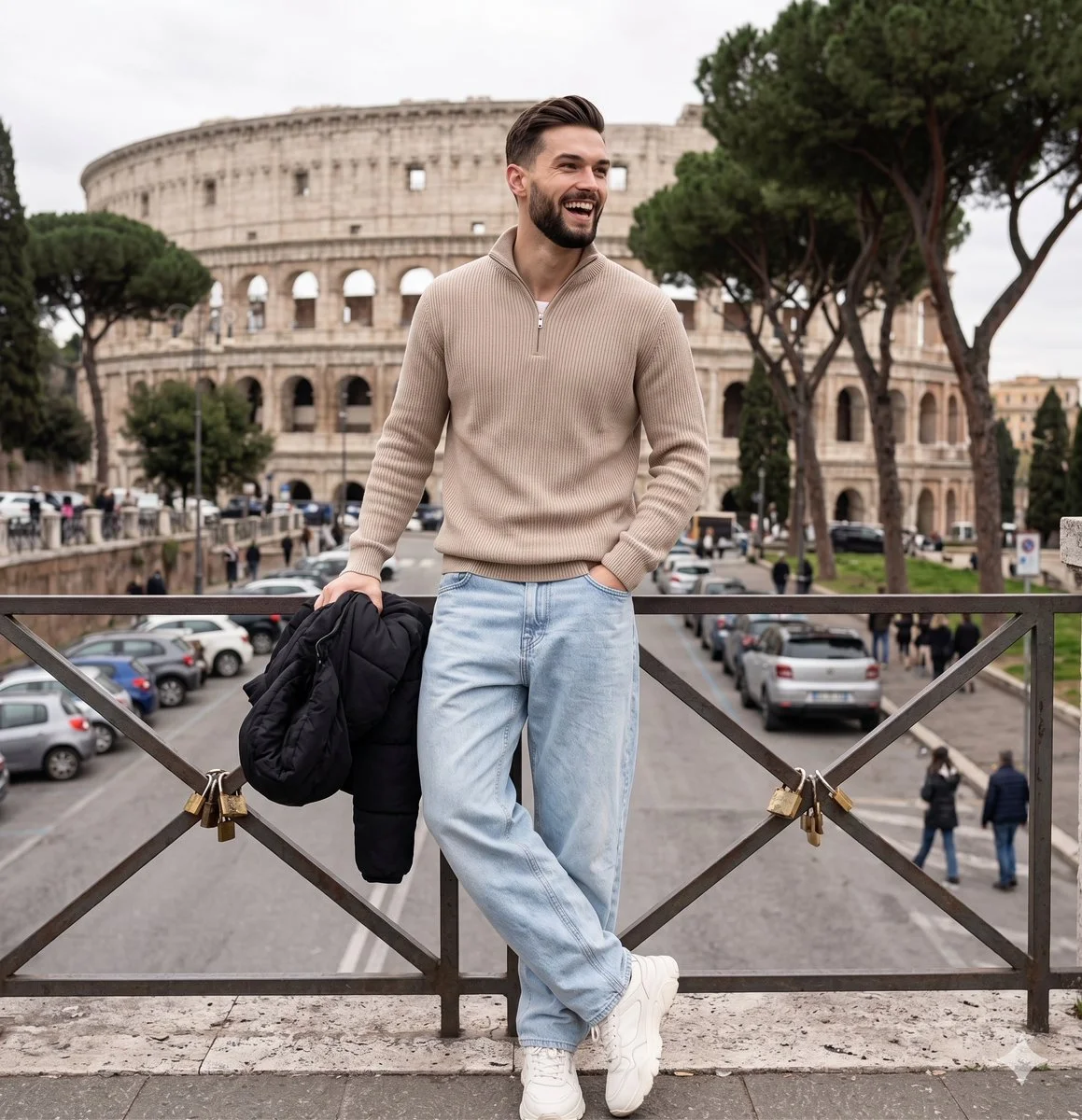 A smiling man in beige sweater leans against a railing near the Colosseum