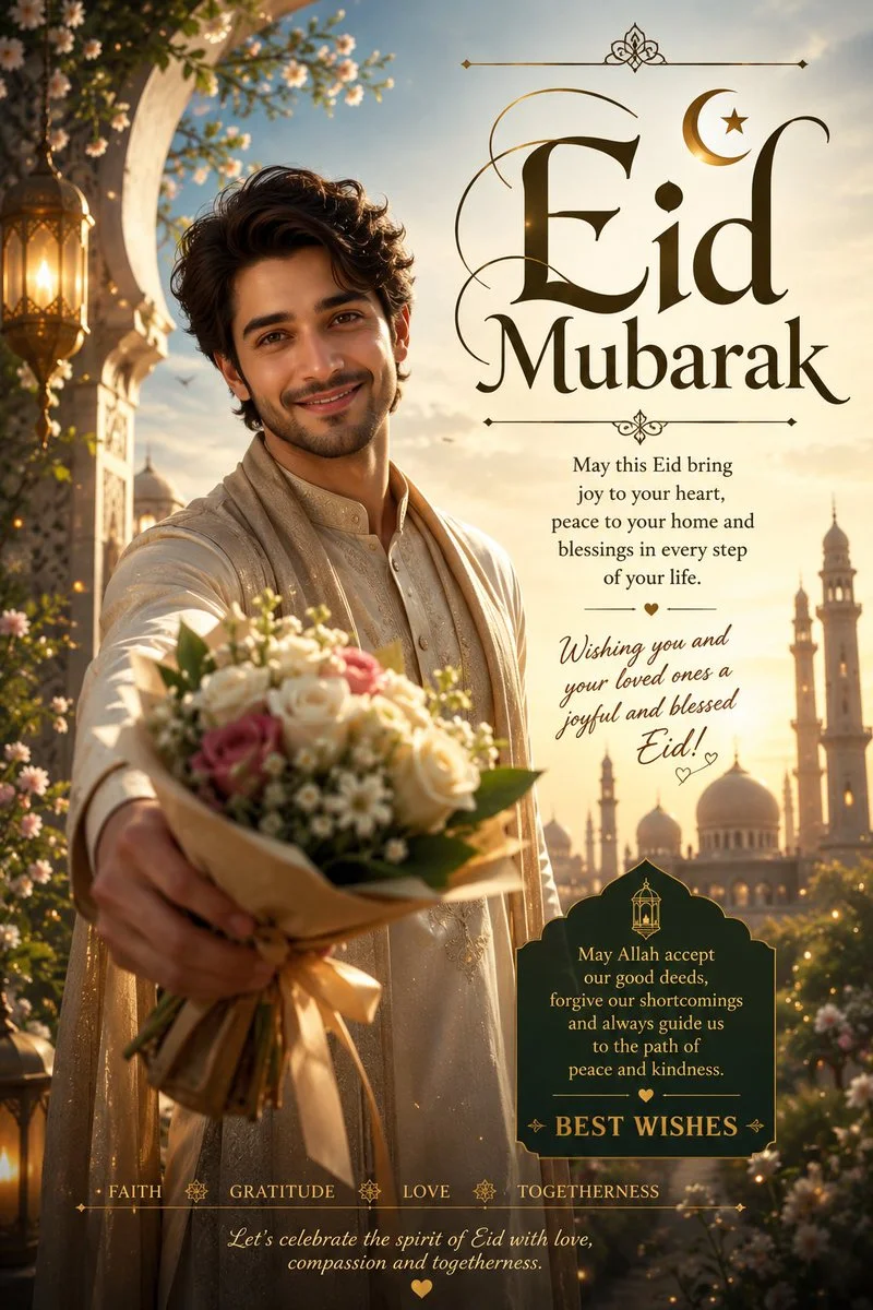 A smiling man offers a flower in a glowing Eid greeting poster