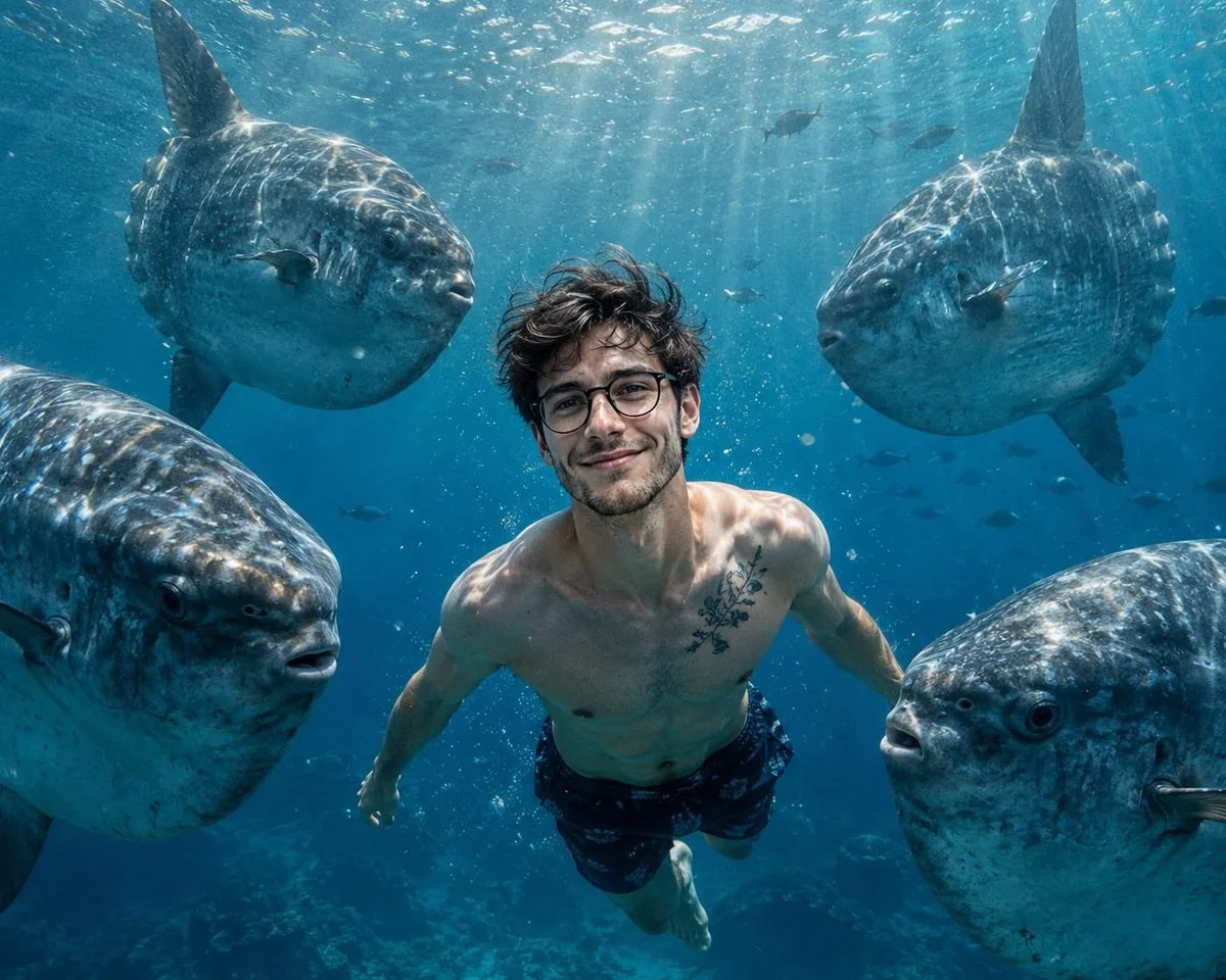 A smiling swimmer glides with giant sunfish in sunlit ocean.