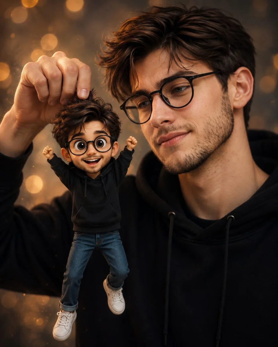 A smiling young man holds his tiny cartoon self by the hair