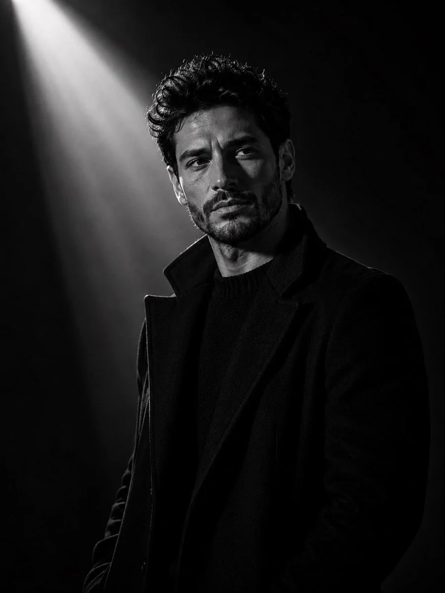A solitary man in a black coat stands in diagonal light.