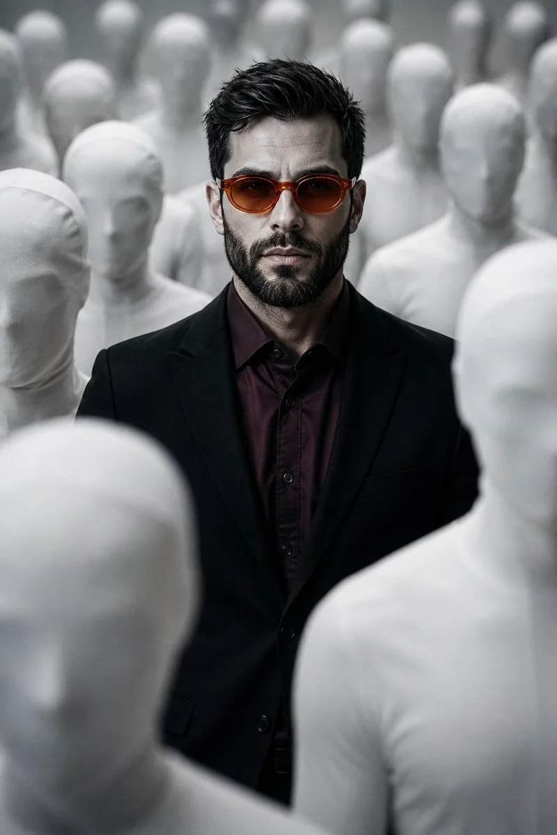 A solitary man in black stands amid faceless white figures