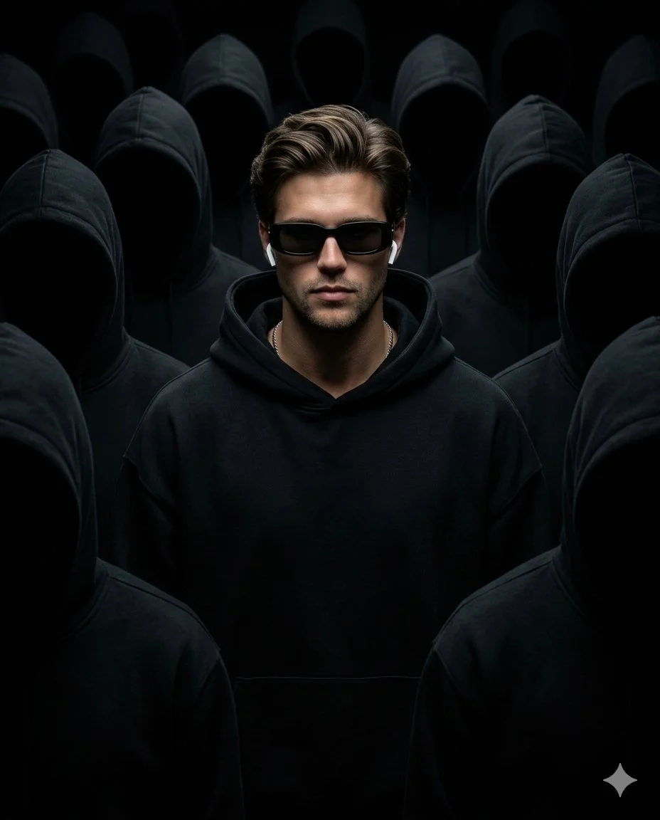 A solitary man in black stands surrounded by faceless hooded figures