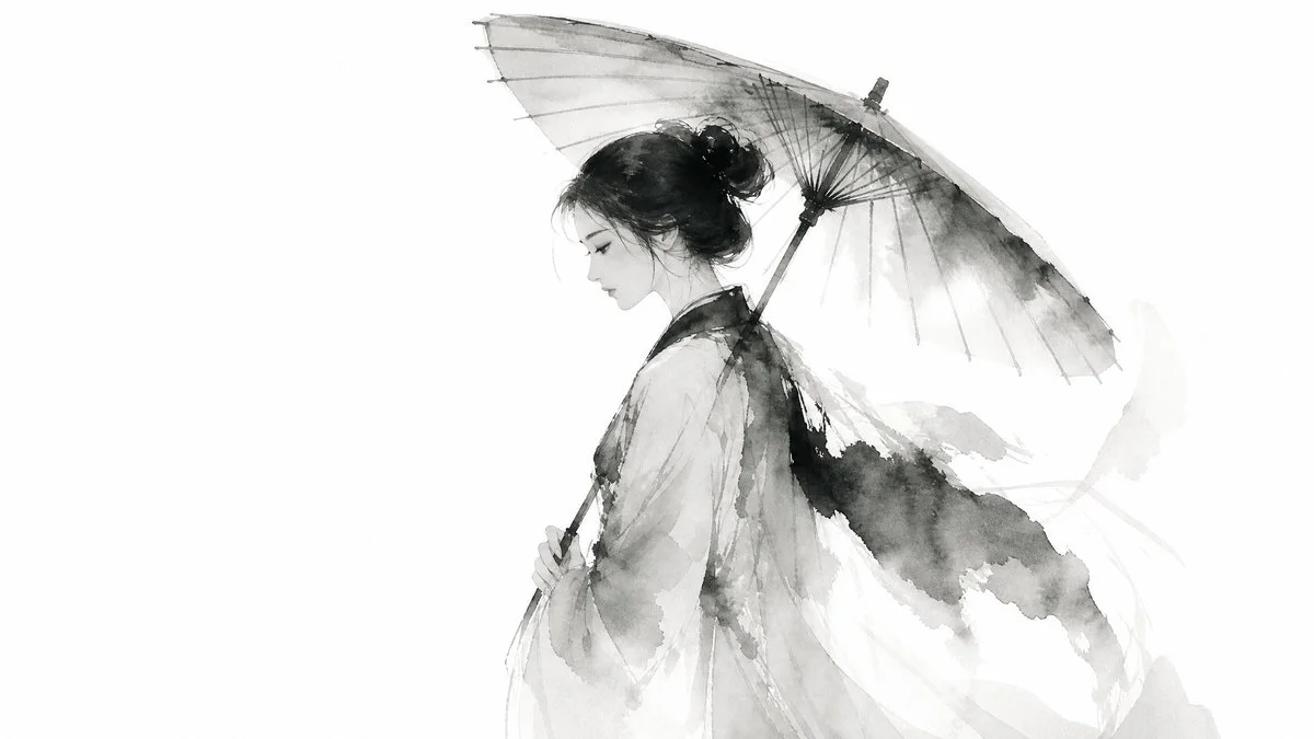 A solitary mountain peak emerges through misty ink wash strokes