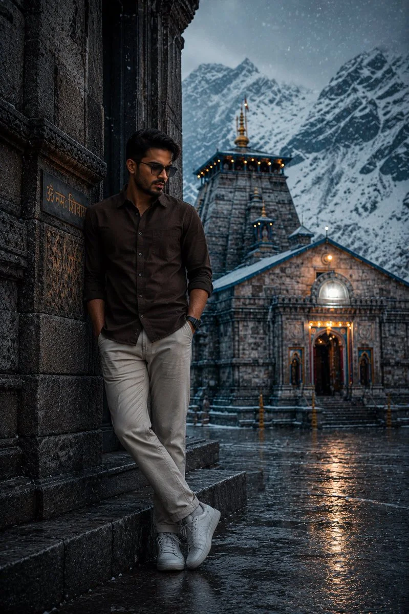 A solitary pilgrim sits on wet stone steps in Himalayan twilight.