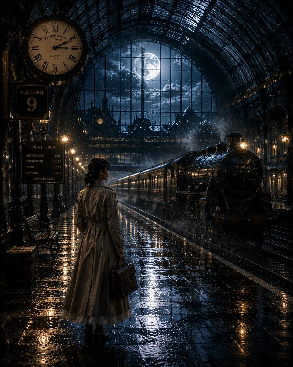 A solitary traveler waits beneath moonlit glass at midnight station