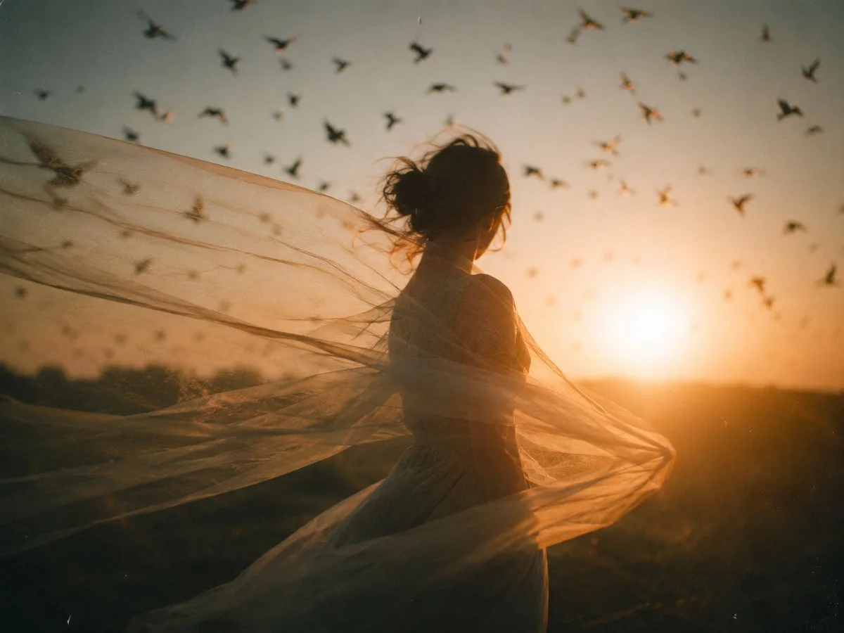 A solitary woman stands in a golden field as birds take flight
