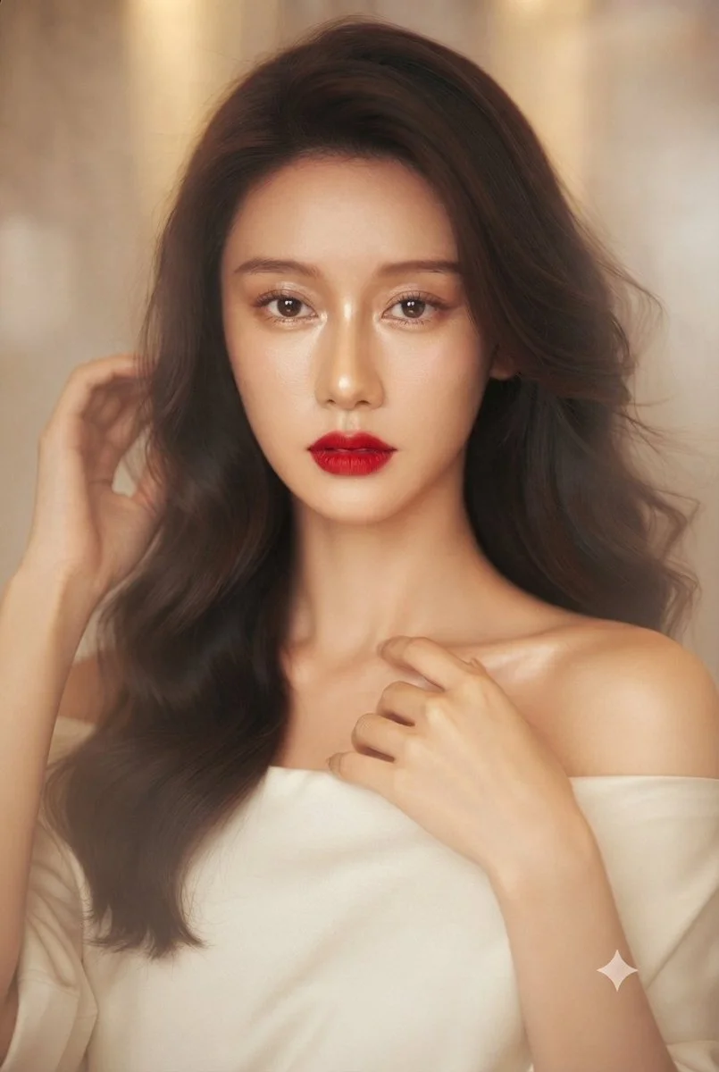 A sophisticated Asian woman glows in warm golden hour light.