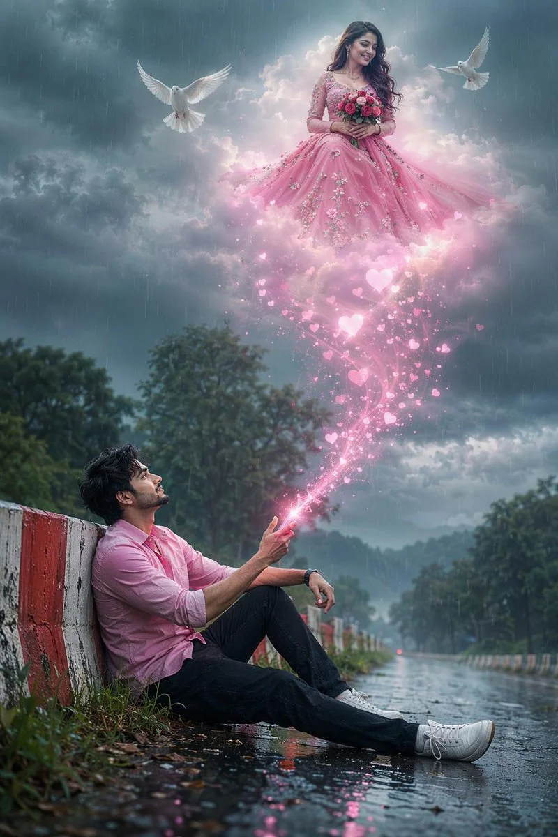 A South Asian man releases pink hearts toward a woman in clouds